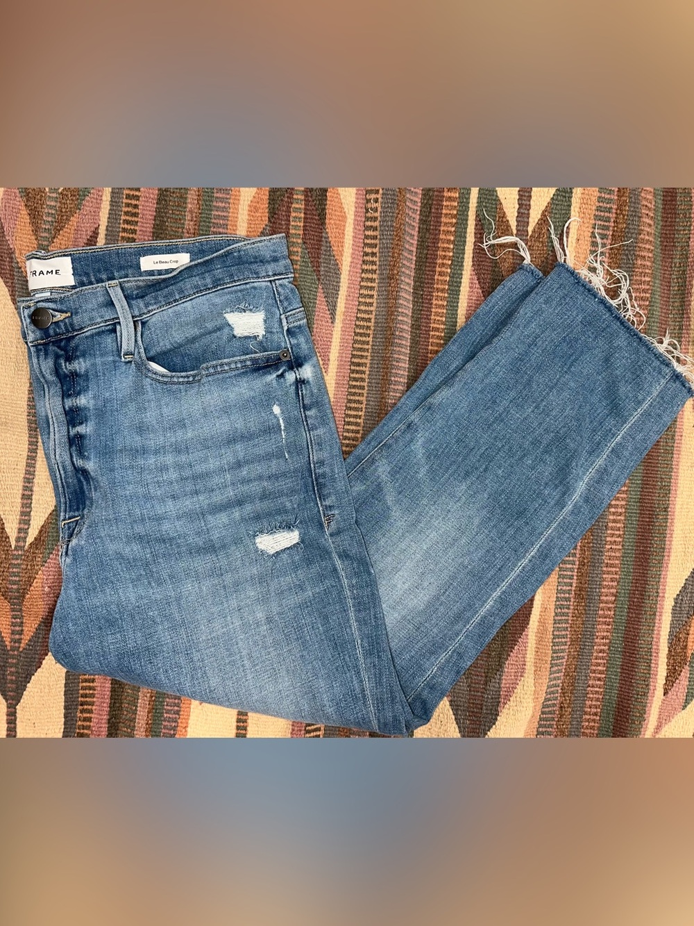 Frame Le Beau Boyfriend Cropped Distressed Blue Jeans size 31